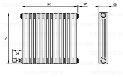 Схема (чертеж) Радиатор Zehnder Charleston 3075/13 №V003 Белый глянцевый RAL 9016